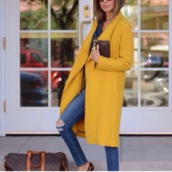 TAHARI Wool Open Front Long spring Coat Size M Mustard Yellow NWOT CL3 RN75343 - Picture 11 of 11